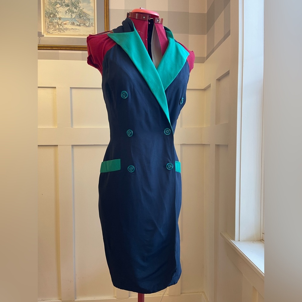 Navy and Teal Double-Breasted Long Sleeve Dress